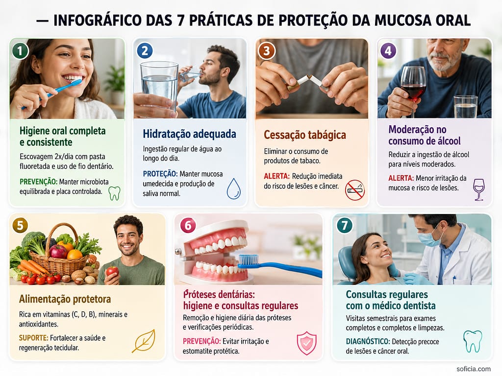 infográfico como manter saúde mucosa oral higiene diária alimentação consulta dentista