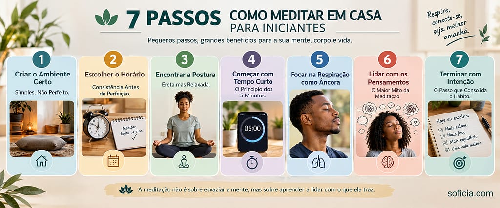 infográfico 7 passos como meditar em casa iniciantes postura respiração atenção