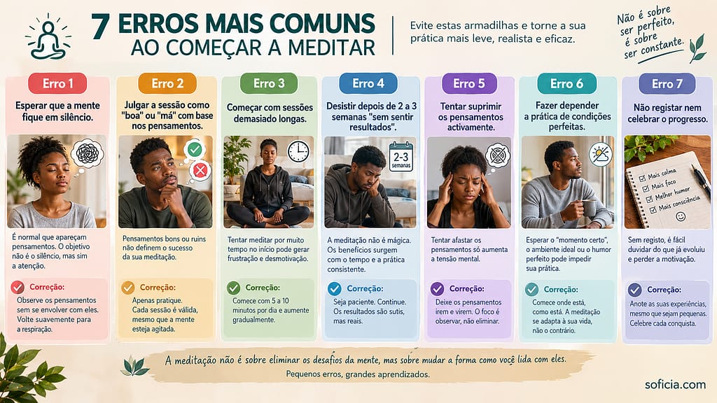 infográfico 7 erros comuns ao começar a meditar expectativas pensamentos postura iniciantes