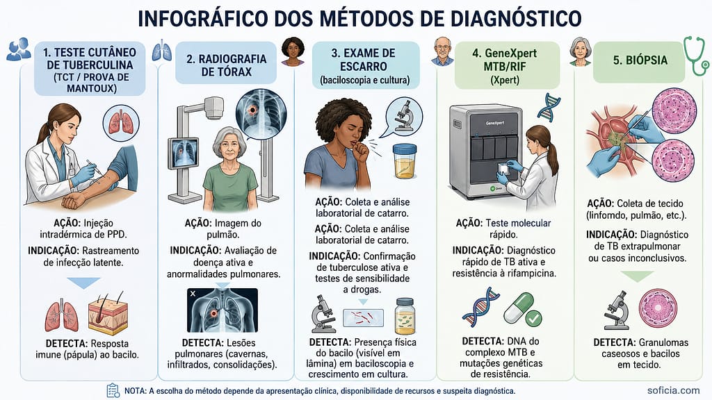 infográfico diagnóstico tuberculose TCT radiografia escarro GeneXpert biópsia