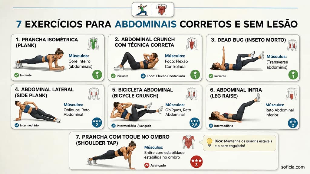 infográfico como fazer abdominais corretamente 7 exercícios core sem lesão