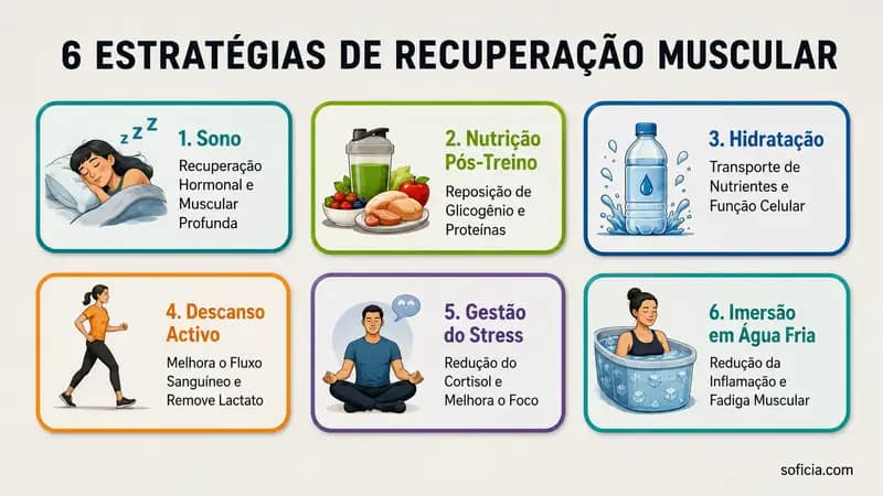 infográfico estratégias recuperação muscular sono nutrição hidratação descanso activo