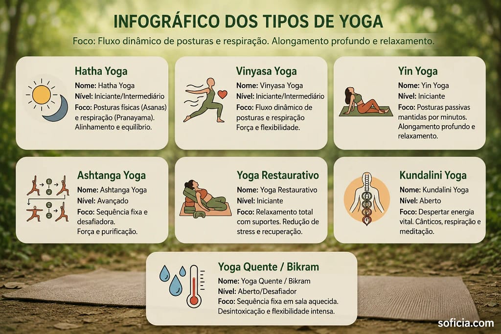 infográfico tipos de yoga hatha vinyasa yin ashtanga kundalini restaurativo nível iniciante avançado