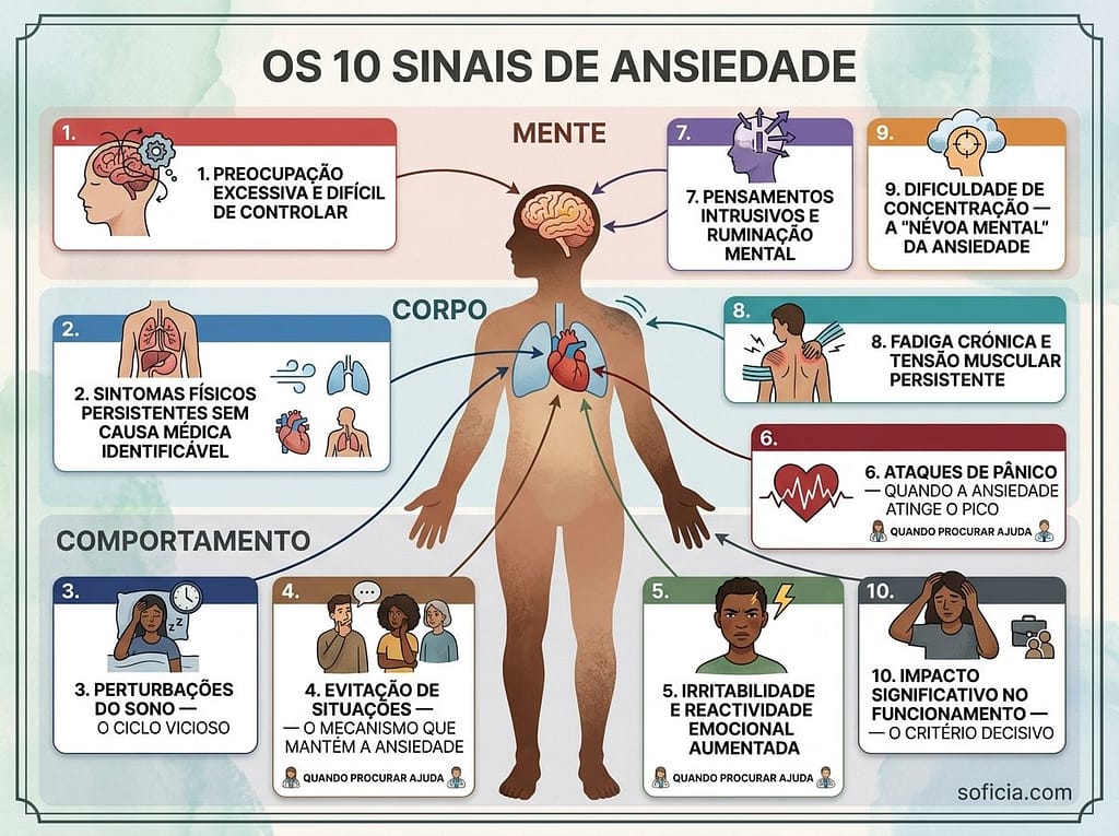 infográfico 10 sinais de ansiedade sintomas físicos mentais comportamentais quando procurar ajuda