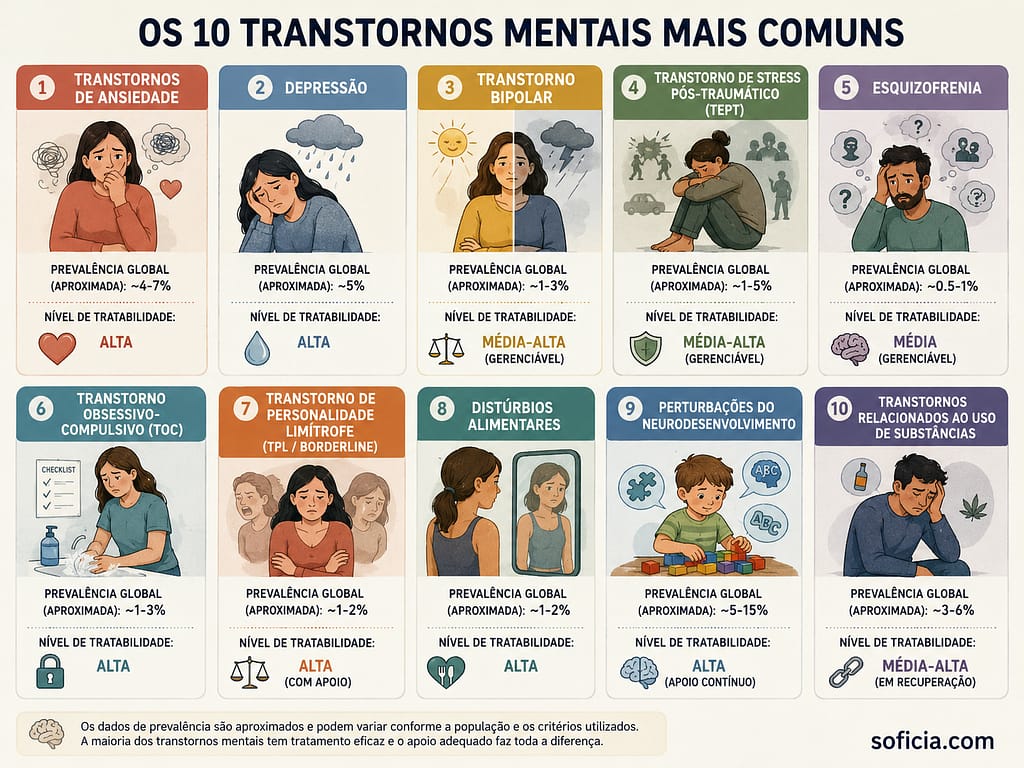 infográfico 10 transtornos mentais mais comuns ansiedade depressão bipolar TOC TPL esquizofrenia