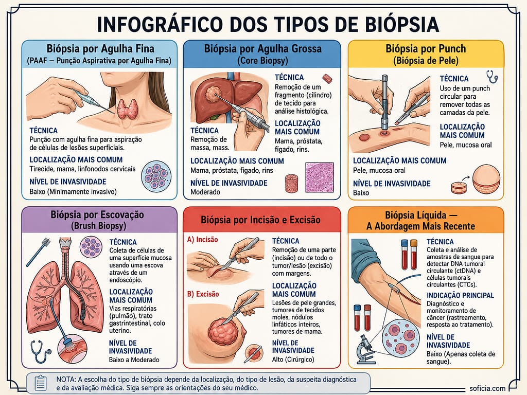 infográfico tipos de biópsia agulha fina agulha grossa punch excisão líquida localização