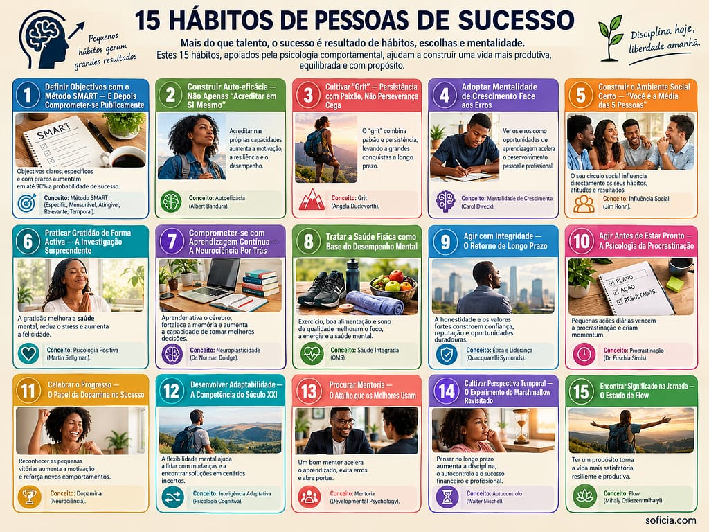 infográfico 15 hábitos pessoas de sucesso psicologia comportamental mentalidade vencedora