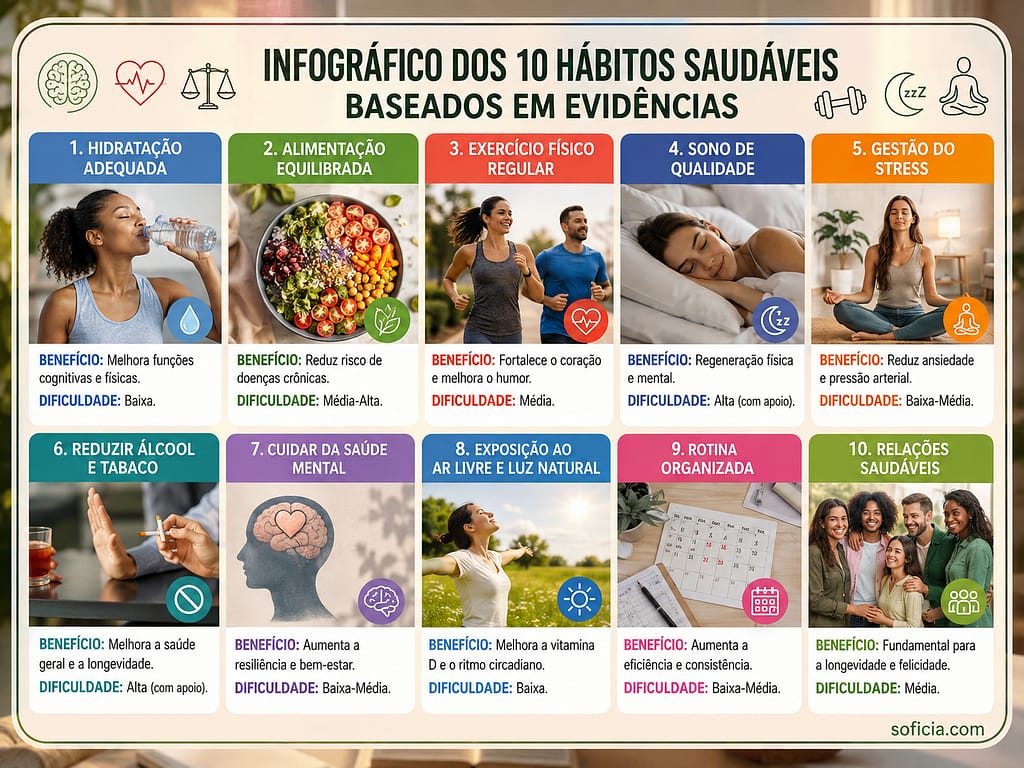 infográfico 10 hábitos saudáveis baseados em evidências bem-estar saúde física mental