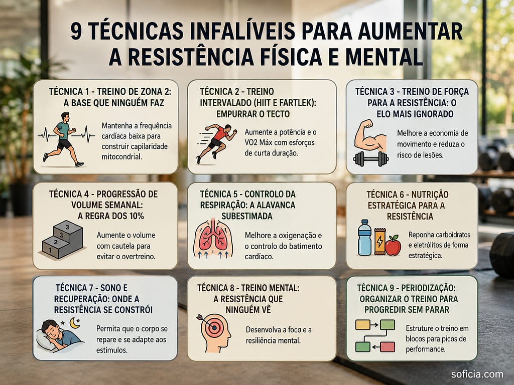 infográfico 9 técnicas aumentar resistência física cardiovascular muscular treino