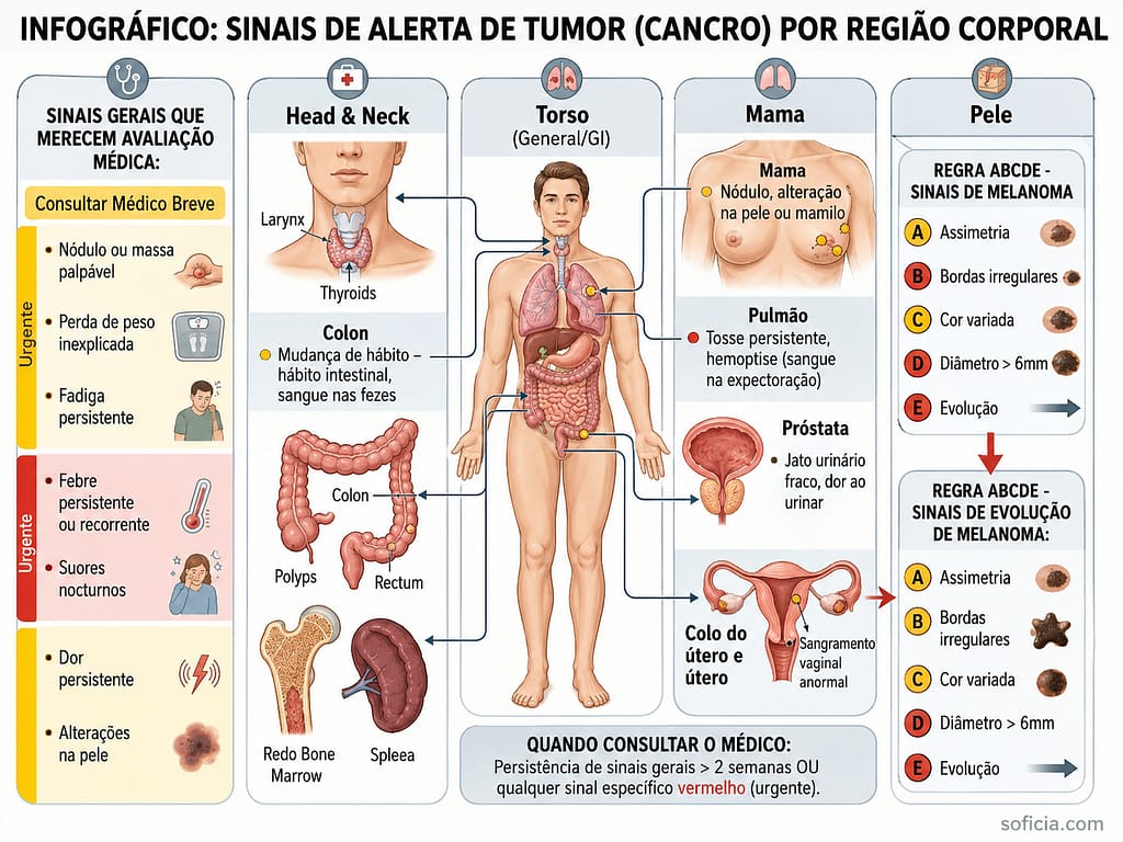 infográfico sinais de alerta tumor cancro por região corporal quando consultar médico