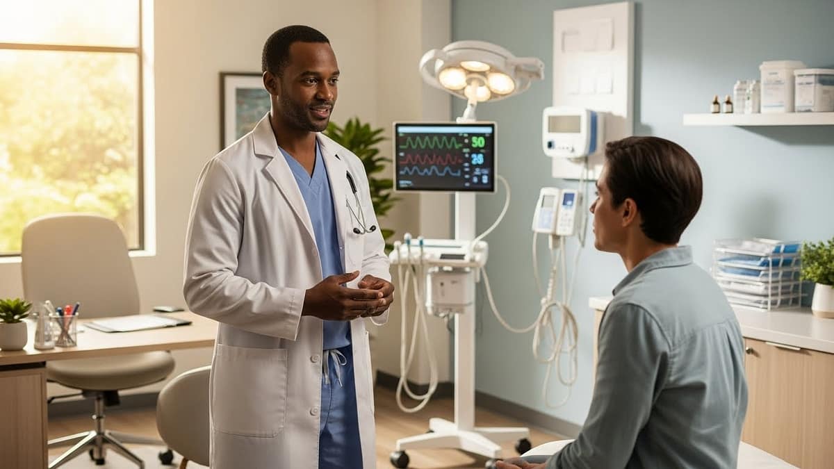 Médico conversando com paciente em consultório.