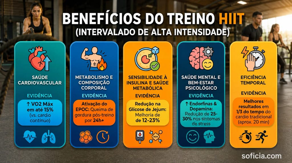 infográfico benefícios HIIT saúde cardiovascular perda gordura metabolismo sensibilidade insulina