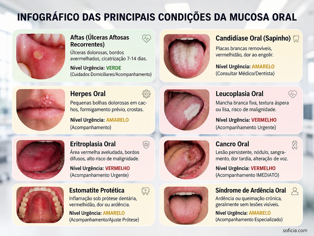 infográfico principais problemas mucosa oral aftas candidíase leucoplasia úlceras sinais alerta