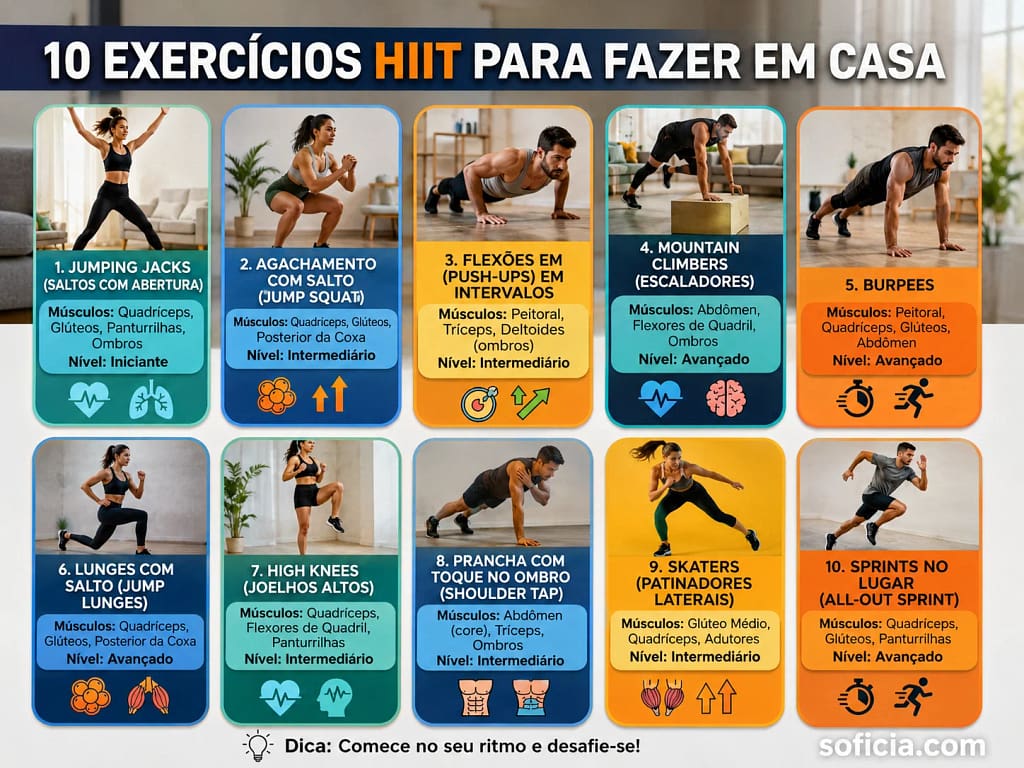 infográfico 10 exercícios HIIT em casa sem equipamento iniciantes avançados