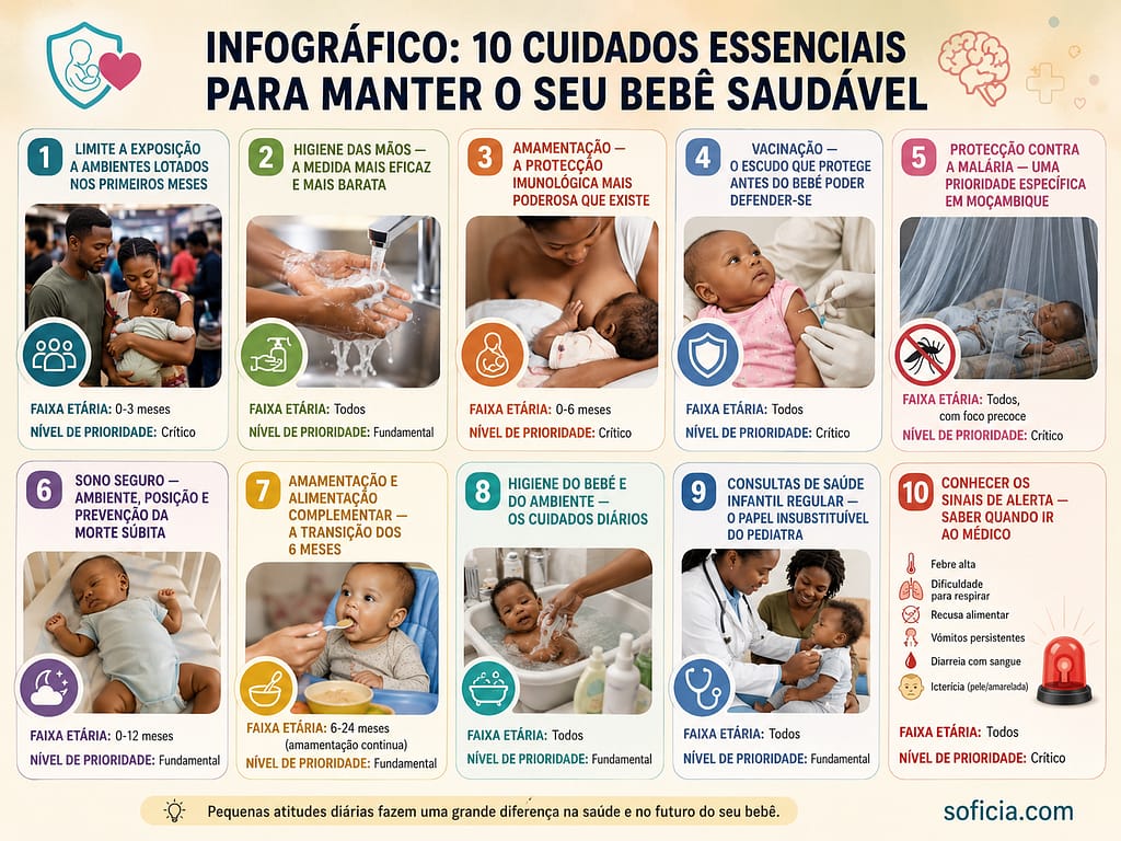 infográfico 10 cuidados essenciais manter bebé saudável amamentação vacinação higiene